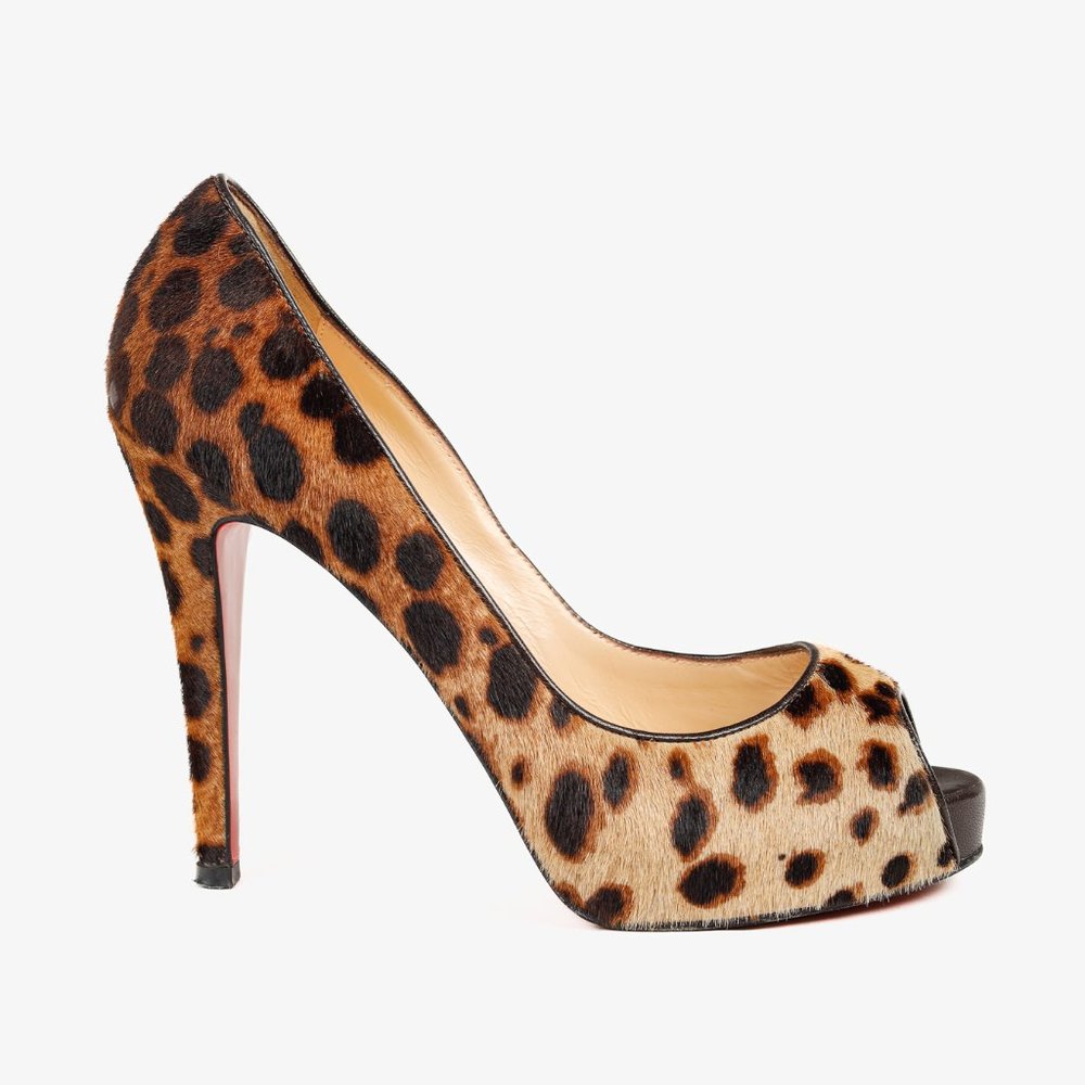 Christian Louboutin Brown Leopard Pony Hair Peep Toe Platform Pump, Size 7.5